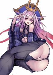 Rule 34 | 1girl, ass, black thighhighs, blush, breasts, chaps, chousokabe motochika (sengoku bushouki muramasa), condom, detached sleeves, ginko (nico), hat, holding, long hair, lying, on side, open mouth, purple eyes, purple hair, pussy, sengoku bushouki muramasa, simple background, skirt, small breasts, smile, solo, thighhighs, uncensored, underboob, white background, wide sleeves