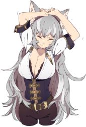 Rule 34 | 10s, 1girl, animal ears, arms up, bad id, bad twitter id, belt, breasts, cleavage, closed mouth, collarbone, corset, cowboy shot, cropped legs, erune, closed eyes, granblue fantasy, grey hair, large breasts, long hair, motion lines, sen (granblue fantasy), short sleeves, simple background, solo, stretching, thigh gap, touzai (poppin phl95), very long hair, wavy mouth, white background
