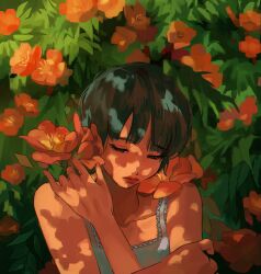 Rule 34 | 1girl, absurdres, bare arms, brown hair, bush, camisole, closed mouth, commentary request, day, flower, half-closed eyes, highres, myango (applemangocrape), orange flower, original, outdoors, red lips, short hair, solo, upper body, white camisole