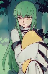 Rule 34 | 1girl, c.c., cheese-kun, code geass, creayus, forest, green hair, hands in opposite sleeves, hat, long hair, long sleeves, looking down, nature, nervous smile, parted lips, smile, solo, stuffed toy, toy, tree, yellow eyes