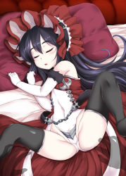 Rule 34 | 1boy, 1girl, bare shoulders, black hair, black thighhighs, child, elbow gloves, from above, gloves, highres, ilya (princess connect!), leotard, long hair, lying, on back, partially visible vulva, princess connect!, sleeping, spread legs, stiel, thighhighs, white gloves, white leotard