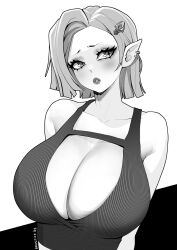 Rule 34 | 1girl, artist name, blush, brassica, breasts, cleavage, cleavage cutout, clothing cutout, collarbone, crop top, hair ornament, highres, large breasts, original, pointy ears, ribbed shirt, shirt, short hair, sleeveless, sleeveless shirt, solo, sparkling eyes, thick eyelashes, upper body