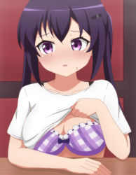 Rule 34 | 1girl, absurdres, blush, bow, bow bra, bra, breasts, cleavage, clothes lift, collarbone, embarrassed, gochuumon wa usagi desu ka?, hair ornament, hairclip, highres, large breasts, long hair, looking at viewer, open mouth, plaid, plaid bra, poa mellhen, purple bra, purple eyes, purple hair, shirt, shirt lift, short sleeves, sweatdrop, table, tedeza rize, twintails, underwear, upper body, wall, white shirt