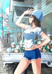 Rule 34 | 1girl, blue shorts, blush, breasts, brown eyes, brown hair, closed mouth, collarbone, doll, girls und panzer, hand on own hip, highres, long hair, midriff, mika (girls und panzer), motor vehicle, navel, omachi (slabco), outdoors, pickup truck, shirt, shorts, sky, small breasts, smile, solo, truck, tulip hat, white shirt