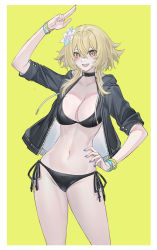 Rule 34 | 1girl, absurdres, arm up, bikini, black choker, black jacket, blonde hair, blue nails, blush, breasts, choker, cleavage, commentary, cowboy shot, dated commentary, echj, flower, genshin impact, groin, hair between eyes, hair flower, hair ornament, hand on own hip, highres, jacket, large breasts, lumine (genshin impact), nail polish, navel, open clothes, open jacket, outside border, short hair with long locks, short sleeves, side-tie bikini bottom, solo, standing, stomach, swimsuit, thighs, white flower, yellow background, yellow eyes