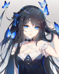 Rule 34 | 1girl, animal, bad id, bad pixiv id, bare shoulders, black dress, black hair, blue eyes, blush, breasts, bug, butterfly, cleavage, collarbone, commentary request, criss-cross halter, dress, fre (haochilanzuo), grey background, halterneck, hand up, highres, insect, long hair, looking at viewer, original, parted lips, sleeveless, sleeveless dress, small breasts, solo, upper body
