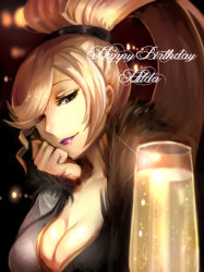 Rule 34 | 1girl, alcohol, bad id, bad pixiv id, blonde hair, breasts, champagne, head rest, cleavage, green eyes, hair over one eye, half-closed eyes, happy birthday, heterochromia, high ponytail, highres, hilda (under night in-birth), large breasts, light smile, lips, lipstick, long hair, makeup, red eyes, solo, under night in-birth, yusano