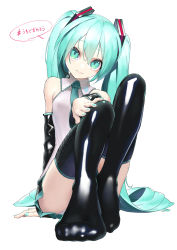 Rule 34 | 1girl, aqua hair, aqua nails, aqua necktie, arm support, armpit crease, bad id, bad pixiv id, black skirt, black thighhighs, breasts, closed mouth, collared shirt, detached sleeves, eyelashes, feet, fingernails, full body, green eyes, hair between eyes, hand on own knee, happy, hatsune miku, head tilt, headset, highres, legs together, light smile, lips, long hair, looking at viewer, microphone, nail polish, necktie, no shoes, pleated skirt, rsk (tbhono), shiny clothes, shiny legwear, shiny skin, shirt, simple background, sitting, skindentation, skirt, sleeveless, sleeveless shirt, small breasts, solo, speech bubble, tareme, thighhighs, thighs, toes, translation request, twintails, vocaloid, white background, white shirt