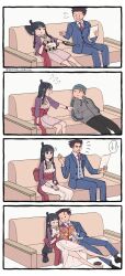 Rule 34 | 1boy, 1girl, 1other, 4koma, ace attorney, back bow, beanie, black hair, blue suit, blush, bow, comic, controller, couch, eating, facial hair, formal, hands in pockets, hanten (clothes), hat, hetero, highres, holding, holding paper, holding remote control, japanese clothes, jewelry, jitome, kimono, leaning back, long hair, looking at another, low-tied long hair, magatama, magatama necklace, maya fey, necklace, obi, on couch, paper, phoenix wright, pointing, pointing at another, pout, puff of air, remote control, sash, shouting, silent comic, sitting, suibun (mizuha oishiina), suit, time lapse, white kimono
