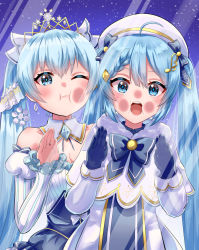 Rule 34 | 2girls, :i, absurdres, against fourth wall, ahoge, bare shoulders, beamed sixteenth notes, beret, blue bow, blue dress, blue eyes, blue gloves, blue hair, blue tabard, bow, bowtie, braid, brooch, capelet, cheek press, detached collar, detached sleeves, dress, dual persona, earrings, fortissimo, frilled sleeves, frills, fur-trimmed capelet, fur trim, glass, gloves, gold trim, hair bow, hair ornament, hairclip, hands up, hat, hatsune miku, highres, jewelry, light blue hair, long hair, long sleeves, looking at viewer, multiple girls, musical note, musical note hair ornament, night, night sky, one eye closed, princess, puffy detached sleeves, puffy sleeves, sky, snowflake hair ornament, snowflake print, snowing, striped sleeves, tabard, tatyaoekaki, tiara, treble clef, twintails, upper body, very long hair, vocaloid, white capelet, white dress, white headwear, white sleeves, yuki miku, yuki miku (2019), yuki miku (2021)