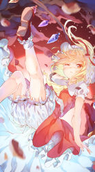 Rule 34 | 1girl, ascot, blonde hair, bloomers, dress, flandre scarlet, flying, frilled dress, frilled socks, frills, hat, highres, looking at viewer, mary janes, mob cap, one eye closed, parted lips, puffy sleeves, red eyes, shoes, side ponytail, sky, socks, solo, tamiku (shisyamo609), touhou, underwear, wings