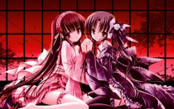 Rule 34 | 2girls, brown hair, flat chest, flower, frilled legwear, frills, holding hands, interlocked fingers, lace, long hair, multiple girls, nipples, origami, ribbon, rose, thighhighs, tree