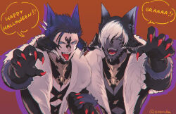 Rule 34 | 2boys, animal ears, animal hands, artist name, au ra, black hair, black horns, black skin, brown background, claw pose, claws, colored sclera, colored skin, commentary request, english text, final fantasy, final fantasy xiv, fur trim, gradient background, green eyes, grey sclera, halloween, halloween costume, hand up, happy halloween, highres, holding hands, horns, karuo (oooruka cr), kemonomimi mode, long sleeves, looking at viewer, low horns, male focus, multicolored hair, multiple boys, one eye closed, open mouth, purple hair, sharp teeth, short hair, speech bubble, teeth, tongue, tongue out, twitter username, two-tone hair, upper body, warrior of light (ff14), white hair, wolf boy, wolf ears