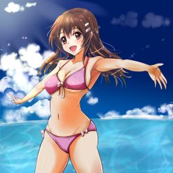 Rule 34 | 1girl, bikini, brown hair, front-tie top, hair ornament, hairclip, highres, long hair, niimi haruka (photokano), open mouth, outstretched arms, photokano, pink bikini, red eyes, side-tie bikini bottom, smile, solo, swimsuit, tranquilizer (bestcenter), water