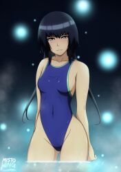 Rule 34 | 1girl, absurdres, black hair, bleach, blue eyes, blue one-piece swimsuit, blush, breasts, collarbone, covered navel, highres, long hair, looking at viewer, mistowing, one-piece swimsuit, small breasts, smile, solo, sui-feng, swimsuit, twintails