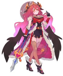 Rule 34 | 1girl, black gloves, breasts, dragalia lost, dragon girl, dragon horns, dragon tail, dress, fangs, full body, fur trim, gloves, hair between eyes, hair ornament, highres, holding, holding polearm, holding weapon, horns, large breasts, long bangs, long hair, looking at viewer, mym (dragalia lost), polearm, red eyes, red hair, rikikitty, smile, solo, tail, thighhighs, very long hair, weapon, white background