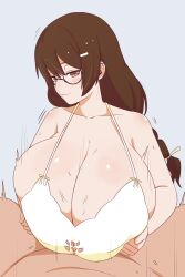 Rule 34 | 1boy, 1girl, bakemonogatari, breasts, breasts squeezed together, brown hair, camisole, cleavage, glasses, hanekawa tsubasa, highres, huge breasts, looking at viewer, monogatari (series), naozuri, paizuri, pink eyes, seductive smile, smile, smug