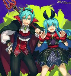Rule 34 | 1boy, 1girl, animal ears, artist name, bat ears, blue eyes, blue hair, brother and sister, cape, choker, demon horns, demon tail, demon wings, eirika (fire emblem), ephraim (fire emblem), fang, fang out, fangs, fire emblem, fire emblem: the sacred stones, halloween, halloween costume, height difference, holding, holding weapon, horns, long hair, matching hair/eyes, nana (nanalog76), nintendo, polearm, siblings, spider web print, tail, trident, twins, twintails, weapon, wings