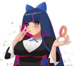 Rule 34 | 1girl, black dress, blue eyes, blunt bangs, blush, breasts, colored inner hair, commentary request, confetti, doughnut, dress, food, hands up, hime cut, holding, holding food, kuroonehalf, large breasts, licking, licking finger, long sleeves, looking at viewer, multicolored hair, panty &amp; stocking with garterbelt, pink hair, purple hair, shirt, signature, simple background, solo, stocking (psg), two-tone hair, upper body, white background, white shirt