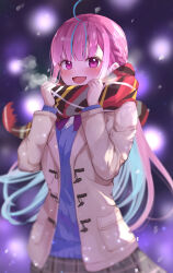 Rule 34 | 1girl, :d, absurdres, adjusting scarf, ahoge, blue cardigan, blue hair, blunt bangs, blurry, blurry background, blush, bow, bowtie, braid, breath, brown scarf, cardigan, christmas, coat, duffel coat, french braid, grey skirt, highres, hitsujisnow, hololive, long hair, long sleeves, looking at viewer, minato aqua, minato aqua (school uniform), multicolored clothes, multicolored hair, multicolored scarf, night, open clothes, open coat, open mouth, outdoors, plaid, plaid skirt, pleated skirt, purple bow, purple bowtie, purple eyes, purple hair, red scarf, scarf, school uniform, skirt, smile, snowing, solo, streaked hair, upper body, virtual youtuber, white scarf, winter, yellow scarf