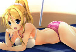 Rule 34 | 10s, 1girl, :d, ayase eli, beach, bikini, blonde hair, blue eyes, breasts, halterneck, highres, kamishiro mai (capti-no), large breasts, long hair, love live!, love live! school idol project, lying, maichaso, on stomach, open mouth, ponytail, scrunchie, smile, solo, striped bikini, striped clothes, swimsuit