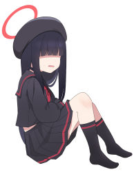 Rule 34 | 1girl, bad id, bad pixiv id, beret, black hair, black hat, black sailor collar, black serafuku, black shirt, black skirt, black socks, blue archive, from side, full body, hair over eyes, halo, hat, justice task force member (blue archive), knees up, long hair, looking at viewer, looking to the side, neckerchief, no shoes, nyaru (nyaru 4126), parted lips, pleated skirt, red neckerchief, sailor collar, school uniform, serafuku, shaded face, shirt, simple background, sitting, skirt, socks, solo, sweat, wavy mouth, white background