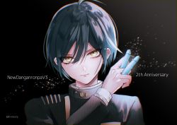Rule 34 | 1boy, ahoge, anniversary, artist name, black background, black hair, black jacket, brown eyes, bullet, commentary request, copyright name, danganronpa (series), danganronpa v3: killing harmony, gradient background, hand up, holding, jacket, layered sleeves, long sleeves, looking at viewer, male focus, portrait, saihara shuichi, sakuyu, serious, short hair, smile, solo, striped clothes, striped jacket