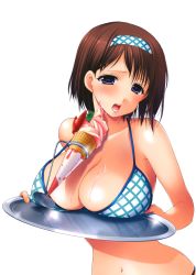Rule 34 | 1girl, absurdres, azuma yuki, bare shoulders, bikini, blue eyes, breast rest, breasts, breasts on tray, brown hair, carried breast rest, carrying, dessert, dripping, food, hairband, highres, ice cream, large breasts, navel, open mouth, original, short hair, solo, strap gap, sundae, swimsuit, tray, upper body, waitress