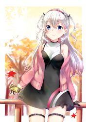 Rule 34 | 1girl, autumn leaves, bare shoulders, black dress, black gloves, blue eyes, blurry, blurry background, blush, breasts, can, closed mouth, commentary request, covered collarbone, depth of field, dress, gloves, hair between eyes, hairband, half gloves, highres, holding, holding can, horns, jacket, leaf, maple leaf, mashiro aa, medium breasts, musubime yui, off shoulder, open clothes, open jacket, pink jacket, railing, red hairband, saikyou virtual talent audition, shirt, silver hair, sleeveless, sleeveless dress, smile, solo, thigh strap, tree, virtual youtuber, white shirt