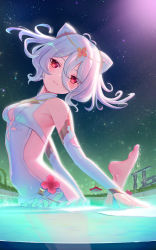 Rule 34 | 1girl, absurdres, barefoot, breasts, covered navel, detached sleeves, double bun, hair bun, highres, kokkoro (ceremonial) (princess connect!), kokkoro (princess connect!), night, night sky, princess connect!, red eyes, short hair, sky, small breasts, smile, star (sky), starry sky, white hair, yuan (xp1447998769)