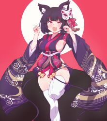 Rule 34 | 1girl, animal ear fluff, animal ears, arbiter1, azur lane, black hair, black kimono, blush, breasts, cat ears, cat mask, fang, fox mask, highres, japanese clothes, kimono, large breasts, legs up, looking at viewer, mask, mask on head, mismatched eyebrows, open mouth, paw pose, red eyes, short hair, short kimono, sideboob, sideless kimono, simple background, smile, solo, thighhighs, thighs, white thighhighs, yamashiro (azur lane)