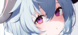 Rule 34 | 1girl, banned artist, blue hair, blush, close-up, ganyu (genshin impact), genshin impact, horns, looking at viewer, multicolored eyes, muryotaro, parted lips, portrait, purple eyes, simple background, solo, triangle mouth, white background