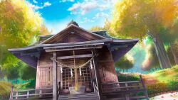Rule 34 | architecture, blue sky, box, cloud, day, donation box, dutch angle, east asian architecture, film grain, game cg, grass, izumi tsubasu, no humans, non-web source, official art, outdoors, re:stage!, rope, scenery, shrine, sky, stairs, tree