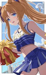 Rule 34 | 1girl, 96dai 0313, absurdres, alternate costume, alternate hairstyle, animal ears, bare shoulders, blue eyes, blue shirt, blue skirt, blue sky, blurry, blurry background, border, brown hair, cheerleader, cloud, cloudy sky, commentary request, cow, grass wonder (umamusume), highres, holding, holding pom poms, horse ears, horse girl, horse tail, looking at viewer, midriff, multicolored hair, navel, outdoors, pom pom (cheerleading), pom poms, ponytail, shirt, skirt, sky, sleeveless, sleeveless shirt, solo, streaked hair, tail, umamusume, white border
