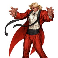 Rule 34 | 1boy, blonde hair, capcom vs snk, evil smile, formal, jacket, long hair, long sleeves, male focus, muscular, nishimura kinu, open clothes, open jacket, outstretched arms, rugal bernstein, simple background, smile, snk, solo, standing, suit, the king of fighters, white background