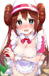 Rule 34 | 1girl, apron, arms under breasts, blue eyes, blurry, blush, breast hold, breasts, brown hair, cleavage, commentary request, creatures (company), depth of field, detached collar, double bun, embarrassed, frilled apron, frills, game freak, hair bun, highres, holding, holding poke ball, long hair, looking at viewer, medium breasts, naked apron, neck ribbon, nintendo, nose blush, pink ribbon, poke ball, poke ball (basic), pokemon, pokemon bw2, ribbon, rosa (pokemon), rouka (akatyann), simple background, solo, tears, twintails, very long hair, white background, white headwear