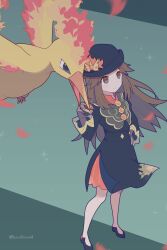 Rule 34 | 1girl, 343rone, absurdres, black dress, black footwear, black headwear, brown eyes, brown hair, closed mouth, commentary request, creatures (company), dress, eyelashes, game freak, gen 1 pokemon, gloves, hair flaps, hand on own hip, hat, highres, holding, holding poke ball, leaf (champion) (pokemon), leaf (pokemon), legendary pokemon, long hair, long sleeves, luxury ball, moltres, nintendo, official alternate costume, poke ball, pokemon, pokemon (creature), pokemon masters ex, shoes, sidelocks, smile, standing, twitter username, watermark