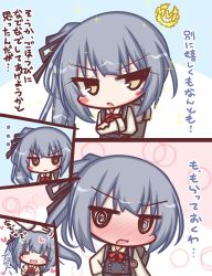 Rule 34 | ..., 1girl, :d, @ @, admiral (kancolle), black dress, black ribbon, blush, blush stickers, bow, brown eyes, chibi, closed eyes, collarbone, comic, commentary request, crossed arms, dress, gloves, grey hair, hair ribbon, headpat, heart, kantai collection, kasumi (kancolle), komakoma (magicaltale), long hair, long sleeves, mvp, nose blush, open mouth, out of frame, parted lips, pinafore dress, red bow, remodel (kantai collection), ribbon, shirt, side ponytail, sleeveless dress, smile, sparkle, translation request, tsundere, v-shaped eyebrows, white gloves, white shirt