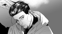 Rule 34 | 1boy, absurdres, beard, black eyes, black hair, character request, closed mouth, expressionless, facial hair, facial scar, golden kamuy, greyscale, hair slicked back, hand in own hair, highres, looking at viewer, male focus, mature male, monochrome, ogata hyakunosuke, portrait, scar, scar on cheek, scar on face, short hair, solo, undercut, uu (u wi)