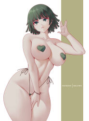 Rule 34 | 1girl, absurdres, bikini, bikini bottom only, breasts, collarbone, curvy, fubuki (one-punch man), green eyes, green hair, gumroad username, hand up, heart pasties, highleg, highleg bikini, highres, large breasts, melowh, micro bikini, navel, one-punch man, parted lips, pasties, patreon username, short hair, solo, stomach, swimsuit, thick thighs, thighs, topless, watermark, web address, wide hips