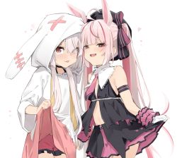 Rule 34 | 2girls, :p, ahoge, animal ears, black legwear, black shirt, choker, clothes lift, collar, dress, dress lift, dual persona, face-to-face, fake animal ears, hat, hood, lifted by self, long hair, low twintails, multiple girls, necktie, open mouth, pink eyes, pink hair, rabbit ears, red neckwear, red shorts, red skirt, ribbon, shirt, short shorts, shorts, shorts under dress, simple background, skirt, skirt lift, sleeveless, sleeveless shirt, smile, tomari mari, tomari mari channel, tongue, tongue out, twintails, uno ryoku, virtual youtuber, white background, white collar, white dress