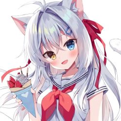 Rule 34 | 1girl, :d, aina rive, animal ear fluff, animal ears, antenna hair, blue eyes, blush, breasts, brown eyes, cat ears, cat girl, cat tail, commentary request, crepe, food, fruit, hair between eyes, hair intakes, hair ribbon, head tilt, heterochromia, holding, holding food, looking at viewer, mauve, medium breasts, neckerchief, open mouth, original, red neckerchief, red ribbon, ribbon, sailor collar, school uniform, serafuku, shirt, short sleeves, simple background, smile, solo, strawberry, tail, upper body, white background, white sailor collar, white shirt