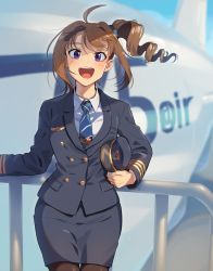 Rule 34 | 1girl, :d, ahoge, aircraft, airplane, black headwear, black jacket, black pantyhose, black skirt, blue neckwear, blue scrunchie, blue sky, blurry, blurry background, brown hair, commentary, cowboy shot, day, depth of field, diagonal-striped clothes, diagonal-striped necktie, diagonal-striped neckwear, dress shirt, drill hair, flight attendant, hair ornament, hair scrunchie, hat, holding, holding clothes, holding hat, idolmaster, idolmaster million live!, insignia, jacket, kamille (vcx68), long hair, long sleeves, looking at viewer, medium hair, miniskirt, necktie, open mouth, outdoors, pantyhose, peaked cap, pencil skirt, purple eyes, scrunchie, shirt, side drill, side ponytail, skirt, sky, smile, standing, striped clothes, striped neckwear, travel attendant, unworn hat, unworn headwear, white shirt, wind, wing collar, yokoyama nao