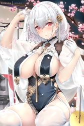 Rule 34 | 1girl, alternate costume, azur lane, blush, braid, breasts, capelet, cherry blossoms, china dress, chinese clothes, cleavage, dress, hair ornament, large breasts, looking at viewer, open mouth, petals, red eyes, rei kun, revealing clothes, see-through, seiza, short hair, sirius (azur lane), sirius (azure horizons) (azur lane), sitting, thighs, white capelet, white hair, white legwear