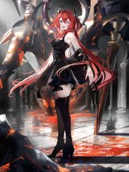 Rule 34 | 1girl, arknights, black dress, black footwear, black thighhighs, blood, boots, breasts, commentary, dress, elite ii (arknights), from side, full body, gawako, hair between eyes, highres, long hair, looking at viewer, looking to the side, medium breasts, open mouth, planted, purple eyes, red hair, shadow, skindentation, sleeveless, sleeveless dress, solo, standing, surtr (arknights), thigh boots, thigh strap, thighhighs, very long hair, zettai ryouiki