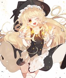 Rule 34 | 1girl, apron, bad id, bad pixiv id, blonde hair, blush, bow, braid, hair bow, hair ornament, hat, kirisame marisa, long hair, looking at viewer, lunchicken, one eye closed, open mouth, puffy sleeves, shirt, short sleeves, side braid, simple background, single braid, skirt, skirt set, smile, solo, star (symbol), thighhighs, touhou, upskirt, vest, waist apron, white thighhighs, witch hat, wrist cuffs, yellow eyes, zettai ryouiki