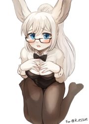 Rule 34 | 1girl, :o, absurdres, animal ears, black bow, black bowtie, black leotard, blue eyes, borrowed character, bow, bowtie, breasts, cleavage, detached collar, fake animal ears, furry, furry female, glasses, highres, leotard, long hair, looking at viewer, looking up, open mouth, original, pantyhose, playboy bunny, ponytail, rabbit ears, rabbit girl, simple background, sitting, snout, solo, sookmo, teeth, upper teeth only, wariza, white background, white fur
