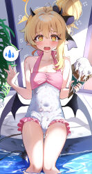 1girl absurdres aged_up alternate_costume alternate_hairstyle bare_shoulders blonde_hair blue_archive blush breasts demon_girl demon_horns demon_tail demon_wings food halo highres horns ibuki_(blue_archive) ice_cream long_hair looking_at_viewer one-piece_swimsuit open_mouth pointy_ears sak_(lemondisk) small_breasts solo swimsuit tail tearing_up thighs wings yellow_eyes