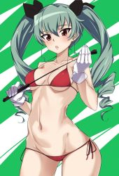 Rule 34 | 1girl, anchovy (girls und panzer), bad id, bad twitter id, bikini, black ribbon, breasts, commentary, cowboy shot, drill hair, girls und panzer, gloves, gluteal fold, green background, green hair, groin, hair between eyes, hair ribbon, halterneck, holding, long hair, looking at viewer, lowleg, lowleg bikini, medium breasts, momendoufu, navel, open mouth, red eyes, ribbon, riding crop, side-tie bikini bottom, solo, standing, string bikini, swimsuit, thighs, twin drills, twintails, white gloves