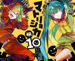 Rule 34 | 2girls, anniversary, blue eyes, blue hair, brown gloves, dated, gloves, green hair, gumi, hatsune miku, highres, ito taera, long hair, looking at viewer, matryoshka (vocaloid), mouth piercing, multiple girls, red eyes, ringed eyes, short hair, simple background, smiley face, tongue, tongue out, track suit, twintails, twitter username, vocaloid, yellow background